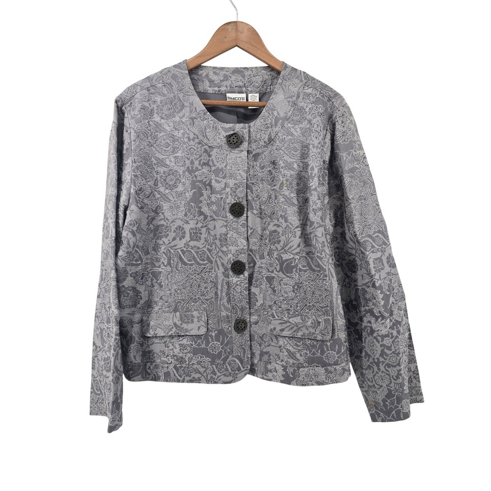 Chico's Blazer Jacket Womens 3 Gray Silk Blend Damask Jacquard Button Front Coat